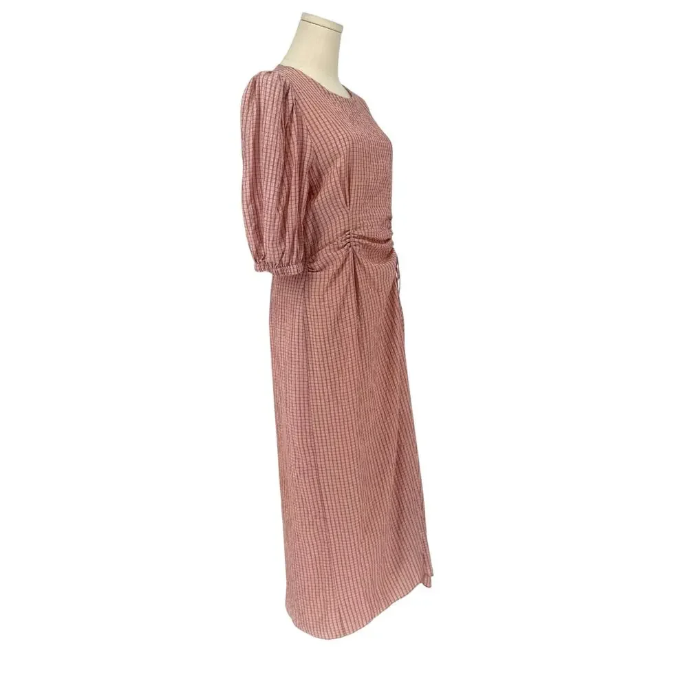 Zara Maxi Dress Micro Plaid Light Pink Puff Sleeve Milk Maid M Boho Tradwife